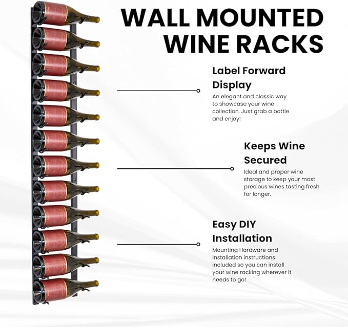 Premium Wall Mounted Metal Wine Rack - 12 Wine Bottles Holder - Modern Wine Rack, Matte Black - Space Saving for Home, Kitchen, Bar - Designed in Canada by Wine Enthusiasts