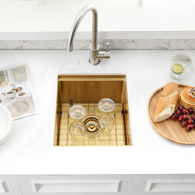 Undermount Gold Bar Sink, 12 x 15 inch Undermount Wet Bar Sink 16 Gauge Stainless Steel Brushed Gold Basin for Outdoor RV Kitchen
