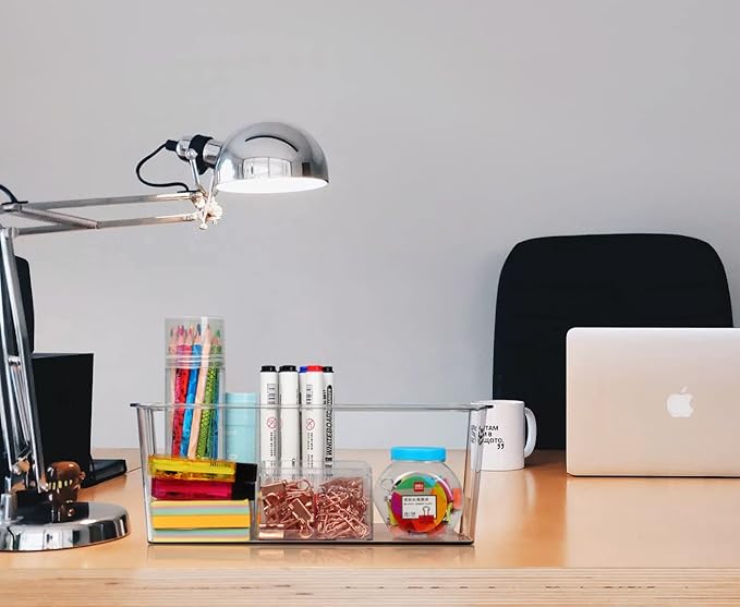 Hudgan 4 Pack Clear Plastic Storage Bins with Bamboo Lids, Stackable Storage Containers for Organizing Medicine Cabinet Organizer, Craft Room, Bread Box