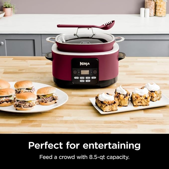 Ninja 10 in 1 PossibleCooker, 8.5 Qt, Electric Multi-Cooker, Slow Cooker, Dutch Oven, Steam Bake Roast Sear Sauté Bread Maker Warmer, Glass Lid, Integrated Spoon, Nonstick, Cherry (MC1000)