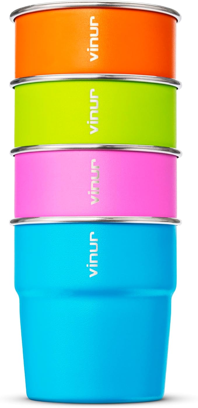 VINUR Kids Stainless Steel Cups-8 oz Stackable Metal Drinking Tumbler Glasses for Travel, Camping, Outdoors (Sky Blue-Orange-Hot Red-Apple Green)