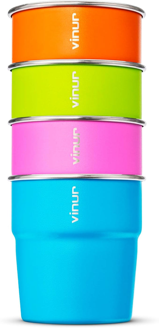 VINUR Kids Stainless Steel Cups-8 oz Stackable Metal Drinking Tumbler Glasses for Travel, Camping, Outdoors (Sky Blue-Orange-Hot Red-Apple Green)