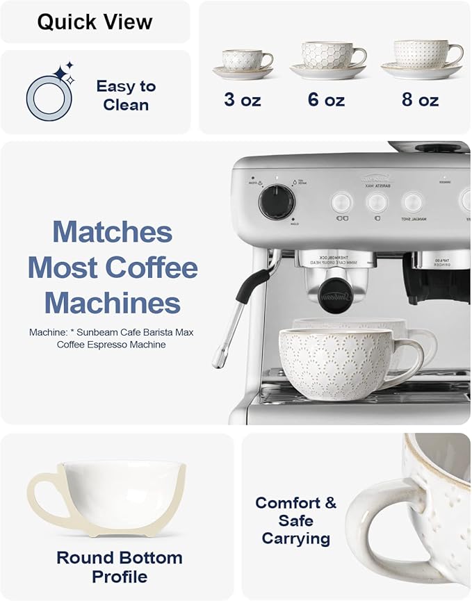 LE TAUCI Cappuccino Cups with Saucers 8 oz, Ceramic Large Coffee Cup for Au Lait, Double shot, Latte, Cafe Mocha, Tea, Dishwasher Safe - Set of 4, Arctic white