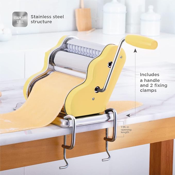 PASTALINDA Classic 200 Pasta Maker Machine, 20 cm Wide Rollers, 9 Thickness Positions, 2 Cutting Positions, Stainless Steel. Includes Reinforced Hand Crank And Two Clamps