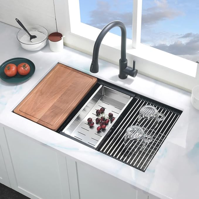 Black Kitchen Sink Undermount, 32x19 Inch Workstation Black Stainless Steel Undermount Kitchen Sink 16 Gauge Deep Single Bowl