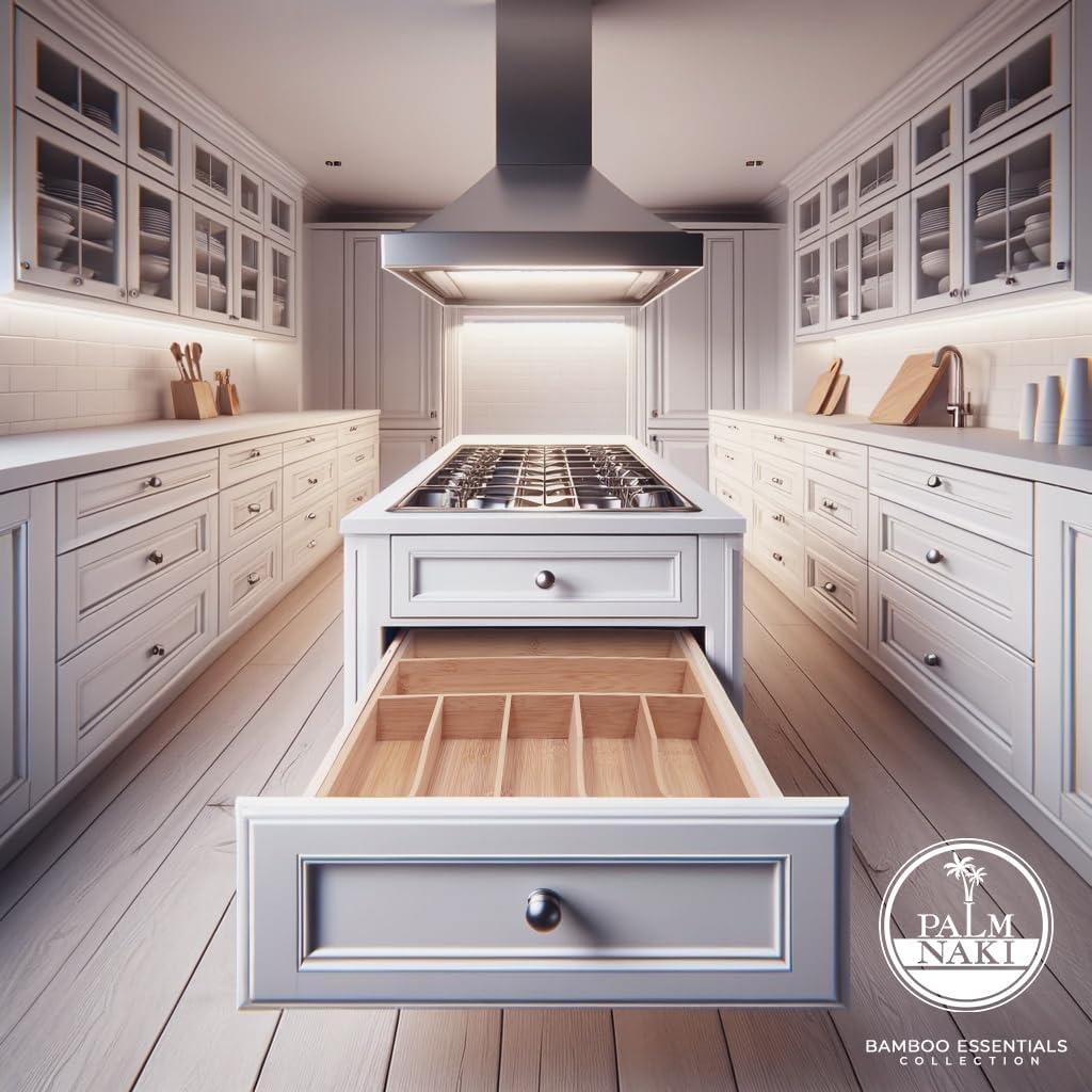 PALM NAKI Silverware Organizer Premium Bamboo Cutlery Organizer Tray - Kitchen Drawer Organizer for Silverware, Utensils - Flatware Organizers - Kitchen Organization (Natural Classic, 7 Slots)