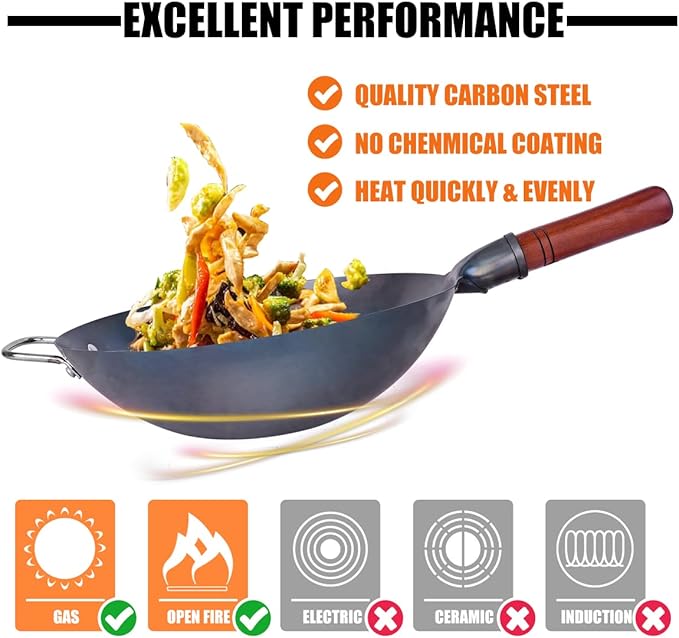 Carbon Steel Wok Traditional Hand Hammered - 13.4" Chinese Woks Round Bottom Wok Pan Set with 8 Pcs Cookware Accessories