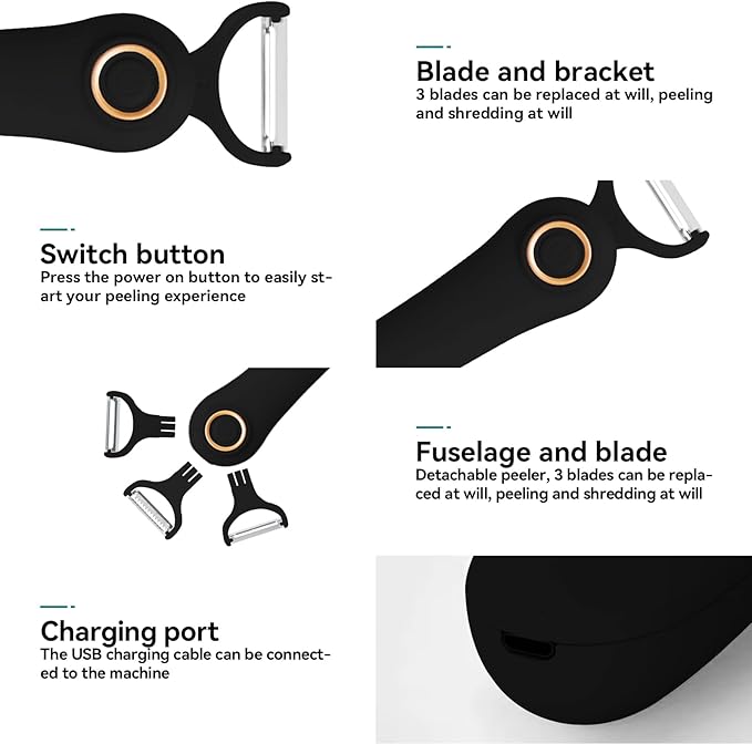 3-in-1 Electric Peeler | Auto Blade for Fruits/Vegetables | 3 Interchangeable Blades | Type-C Charging,Battery Capacity 1500 mAh | Kitchen, Travel, Camping