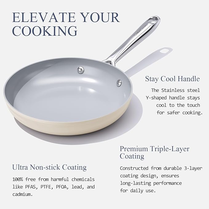 Nonstick Ceramic Frying Pan 10" Non Toxic Cooking Skillet for Eggs Pancakes & Stir Fry, Even Heat Distribution PTFE/PFOA/PFAS Free, Ergonomic Stainless Steel Handle Compatible, Cream
