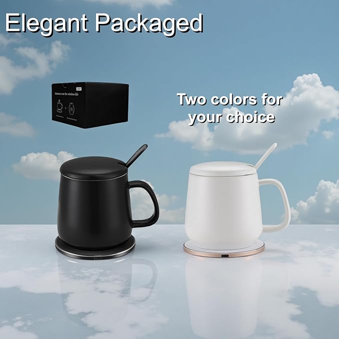 Smart Temperature Control Mug, 13 Oz Premium Ceramic Coffee Cup with 15W Wireless Charger, Charges Phones, Ceramic White