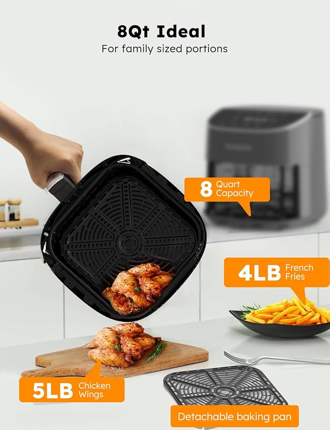 Nuwave Brio Plus 8 Qt Air Fryer, PFAS Free, New & Improved, Digital Touch Screen, Cool White Display, 50°F~400°F in Precise 5°, 5 Cook Functions, 100 Presets & 50 Memory, 3 Wattages 700, 1500, 1800