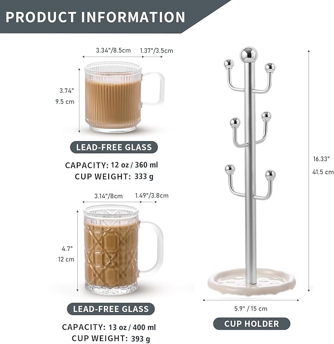 6 High-End Glass Coffee Mugs with Handles and Holders, 12 Ounce Classic Vertical Striped Glass Mug Set, Transparent Tea Cups for Hot and Cold Drinks, American Style, Latte, Cappuccino