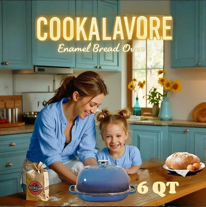 Cast Iron Bread Oven,6 QT Bread Oven,Thick Enameled Loaf Pan with Lid,Bread Pans for Homemade Bread,14.5"Dutch Oven for Bread Baking,Dutch Oven-with Silicone Baking Mat&Recipe,Gifts for Family,Blue