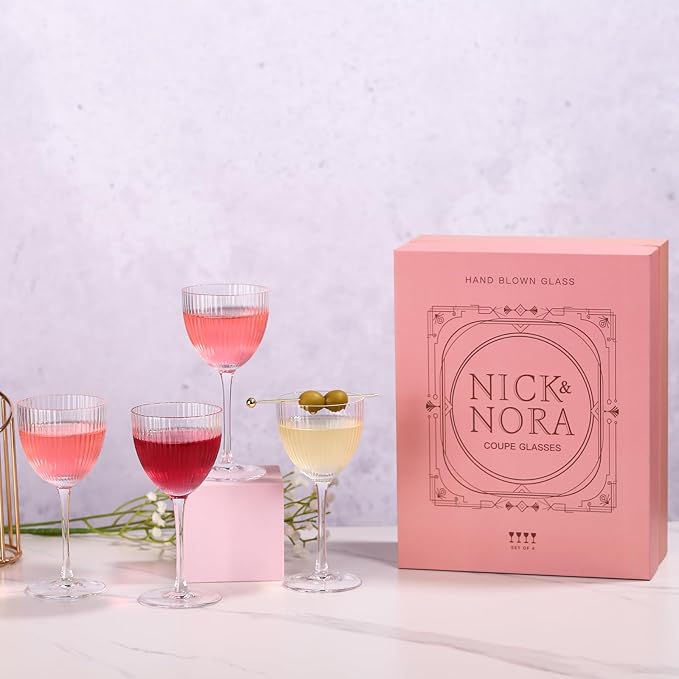 Nick and Nora Cocktail Glasses - Coupe Glasses Set of 4, Vintage Ribbed Martini Glassware, Crystal Cordial Cups for Whiskey, Gin, Vodka, Champagne, Women Gifts, 5 Oz