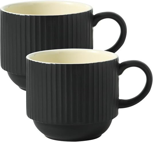 Hasense 15OZ Ceramic Stackable Coffee Mugs Set of 2, Large Porcelain Coffee Cups Set with Ribbed Design and Handle for Cappuccino, Latte, Cereal, Americano, Tea Bag and Beverage, Matte Black