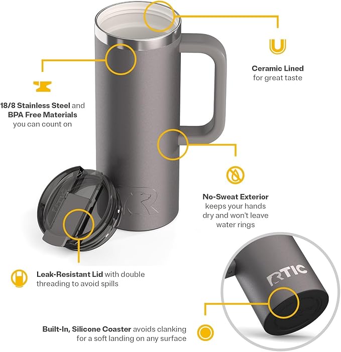 RTIC 20oz Road Trip Travel Mug with Lid and Handle, Ceramic Lined, Insulated, Stainless Steel, Metal, Double Wall Vacuum-Insulation, Portable Coffee, Tea Cup for Hot and Cold Drink, Graphite