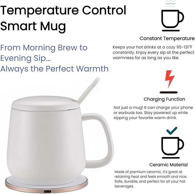 Smart Temperature Control Mug, 13 Oz Premium Ceramic Coffee Cup with 15W Wireless Charger, Charges Phones, Ceramic White