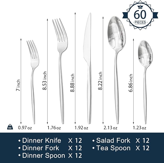 KINGSTONE Silverware Set, 60-Piece Flatware Set Cutlery Set Premium 18/10 Stainless Steel, Tableware Include Forks Knives Spoons for Home Kitchen Restaurant Wedding, Dishwasher Safe