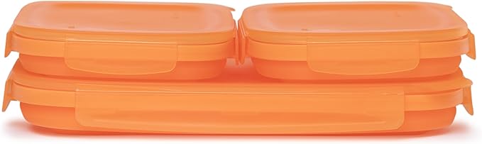 Drip EZ Secondz Collapsible Food Storage Containers (set of 3) - Meal Prep, Leftovers, Lunch, Camping, Hiking - Dishwasher & Microwave Safe - BPA-free Silicone - Locking Lids - Orange