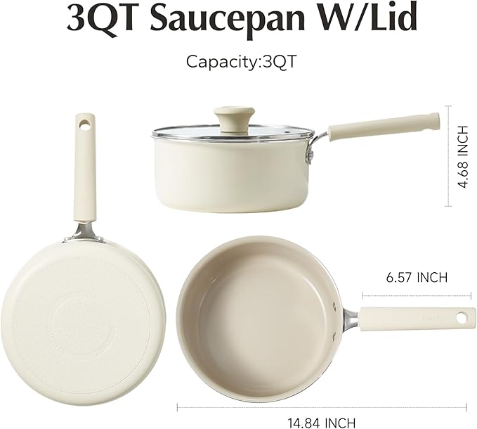 Redchef Ceramic Nonstick Saucepan with Lid, 3QT Small Cooking Pot, Non Toxic Sauce Pans for Kitchen, Cool Handle PFAS Free Compatible with All Cooktops, White