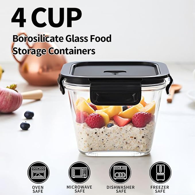 4 Cup Square Borosilicate Glass Food Storage Containers, 32oz Tall Glass Soup Containers with Lids, Large Square Meal Prep Bowl for Food, Salad, Lunch, Deli, Microwave, Freezer Saf (4Pack)