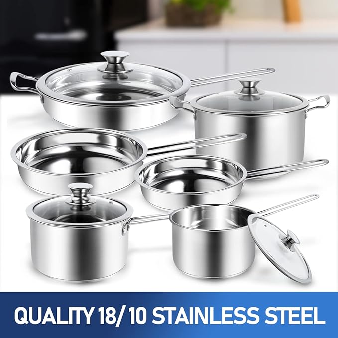 Aufranc 10-Piece Pots and Pans Set, Stainless Steel Cookware Set- Includes Ergonomic Handle Saucepans, Skillets, Dutch Oven, Stockpot, Steamer & More - Premium Pots and Pans for Home Chefs