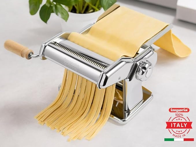 Imperia Pasta Maker Machine, Red- 100% Made in Italy, Heavy Duty Steel Construction, Easy Lock Dial Wood Grip Handle & Cleaning Brush- Fresh Homemade Italian Spaghetti Fettuccine Lasagna, Classic Line