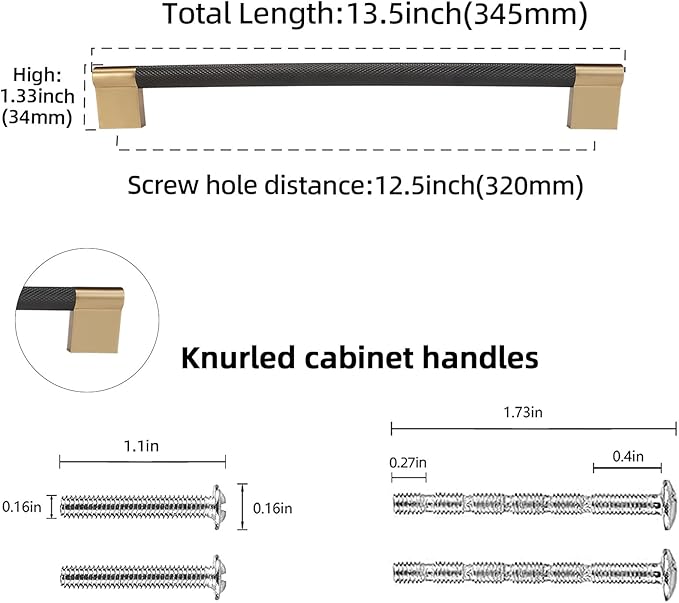 10 Pack 12-5/8 inch(320mm) Black and Antique Brass Kitchen Cabinet Handles Knurled Cabinet Pulls Black Drawer Pulls Kitchen Cabinet Hardware Kitchen Handles