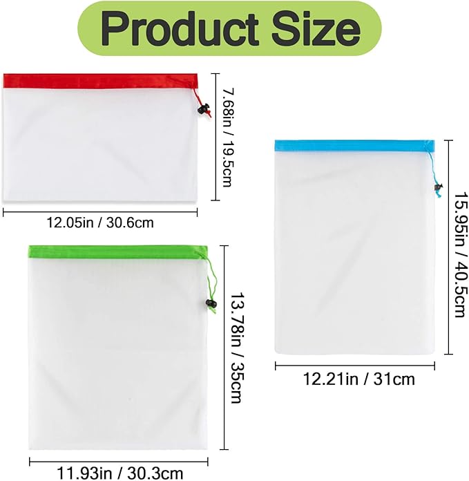 MAQIHAN 6pcs Reusable Produce Bags - Mesh Produce Bags Drawstring Reusable Washable Vegetable Storage Bags Refrigerator Keep Fresh Grocery Food Fruits Veggie Green Net Bag Toy Storage Zero Waste Shop