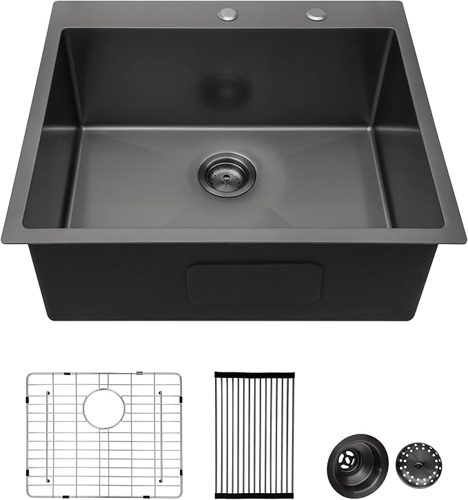 Lordear 25 Drop In Kitchen Sink 25 x 22 inch Gunmetal Black Drop Sink 16 Gauge Stainless Steel Single Bowl Topmount Over Counter Bar Prep Kitchen Sinks Basin