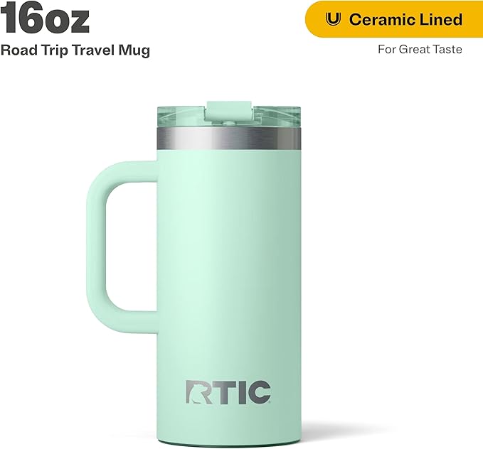 RTIC 16oz Road Trip Travel Mug with Lid and Handle, Ceramic Lined, Insulated, Stainless Steel, Metal, Double Wall Vacuum-Insulation, Portable Coffee, Tea Cup for Hot and Cold Drink, Fresh Mint