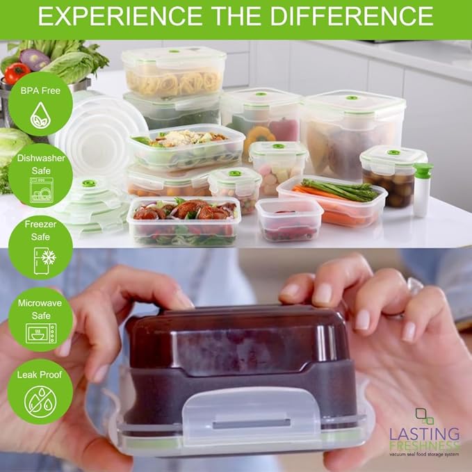 11 piece Vacuum Seal Food Storage Containers with Vacuum Pump, Airtight and Leak Proof, Vacuum Sealed Food Storage Containers, Meal Prep Containers, Keep Food Fresh up to 5 X Longer