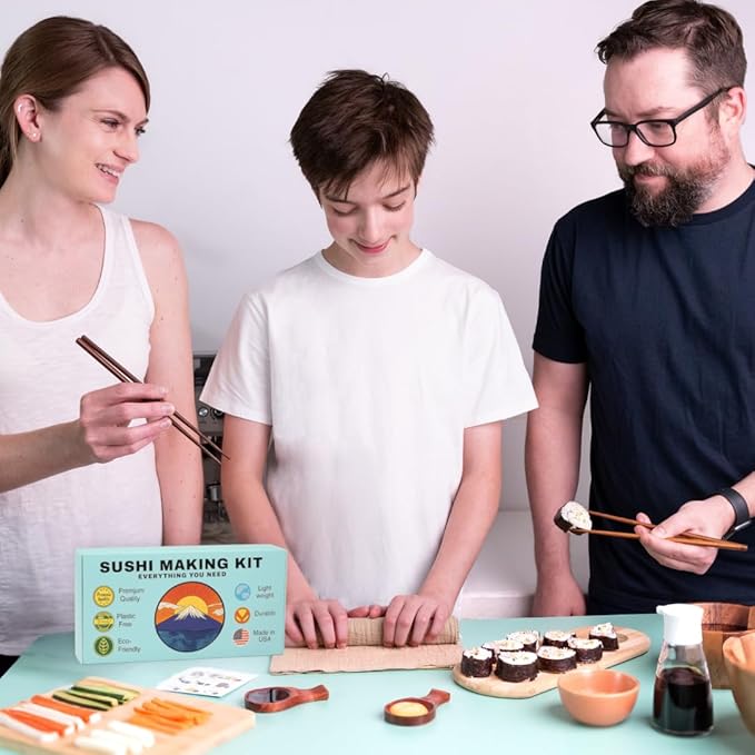 No Plastic Premium Sushi Making Kit for Home, for Beginners or Pro Sushi makers. Made of Premium Wood, includes Tea Cloth, Planet-Friendly, Gift and DIY Home Sushi Kit Experience, Circle Fuji box