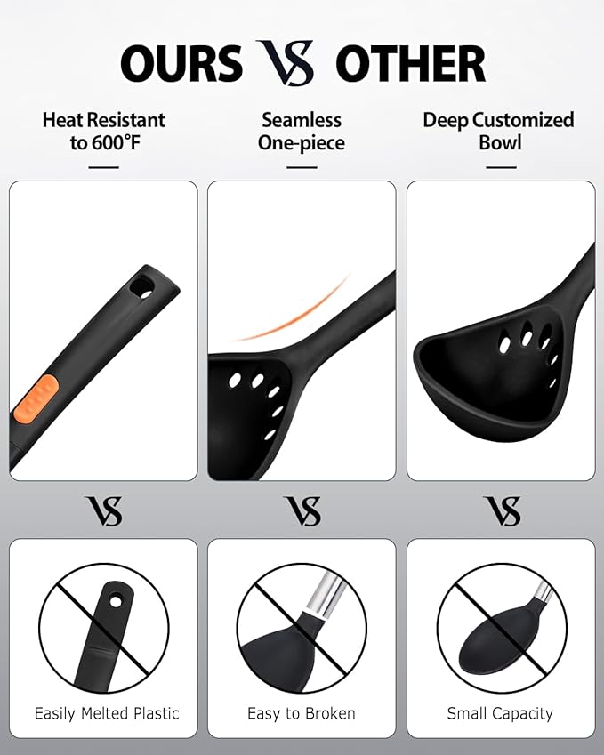 Silicone Pasta Fork and Ladle Spoon Set, Large Non Stick Kitchen Utensils for Cooking,Stirring,One Piece Serving Spaghetti, Soup, Sauce (BLACK)