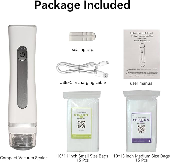 Compact Vacuum Sealer Machine for Food Preservation with 30 Reusable Vacuum Storage Freezer Bags, Portable Handheld Food Saver, Suitable for Meal Prep, Sous Vide Cook, Outdoor BBQ, Kitchen Leftover