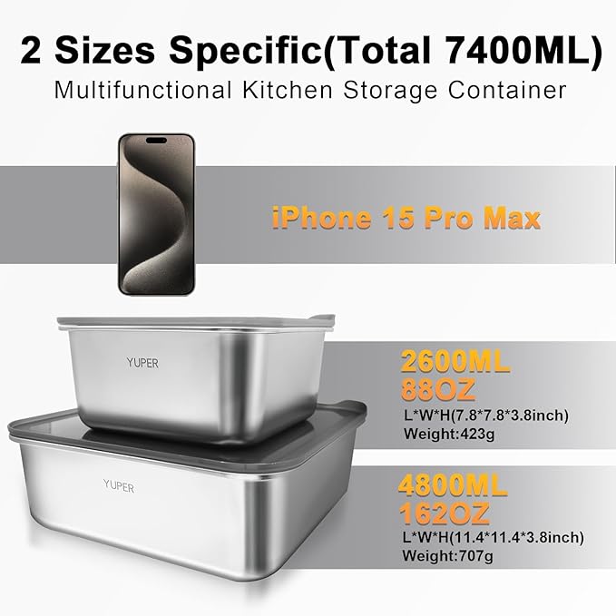 YUPER Stainless Steel Food Containers, Meal Prep Container Bacon Cheese Container for Refrigerator, Stainless Steel Containers with Lids Fruit Lunch Storage, 2 Pack (88+162OZ)