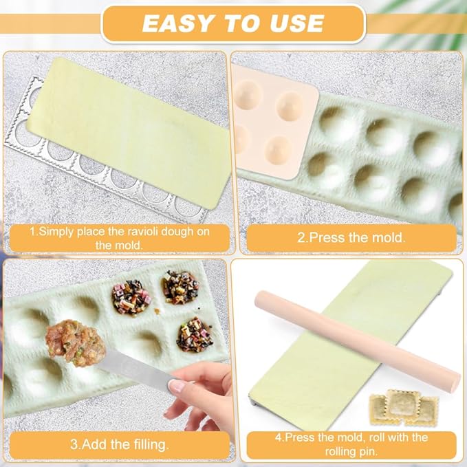 Ravioli Mold Set Include Ravioli Stamp Roller Wheel Wood Rolling Pin Pasta Making Tools Kit Pelmeni Mold Pierogi Press Maker Press Cutter, for home and restaurant