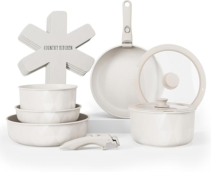 Country Kitchen Cookware Set with Removable Handle, Oven & RV Safe Pots and Pans Set, Cream Diamond, Original