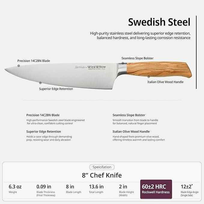8 Inch Chef Knife – Razor Sharp Swedish Steel Kitchen Knife with Italian Olive Wood Handle – Premium Cutting Knife for Meat, Vegetables & Prep – Gift for Home Cooks & Chefs