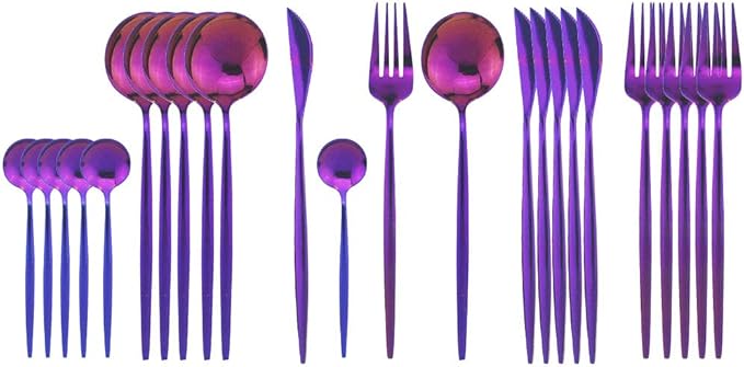 JASHII Silverware Sets, 24-Piece Stainless Steel Flatware/Cutlery/Tableware Set Service for 6 Person, Include Knife/Fork/Spoon, Mirror Polished (Purple)