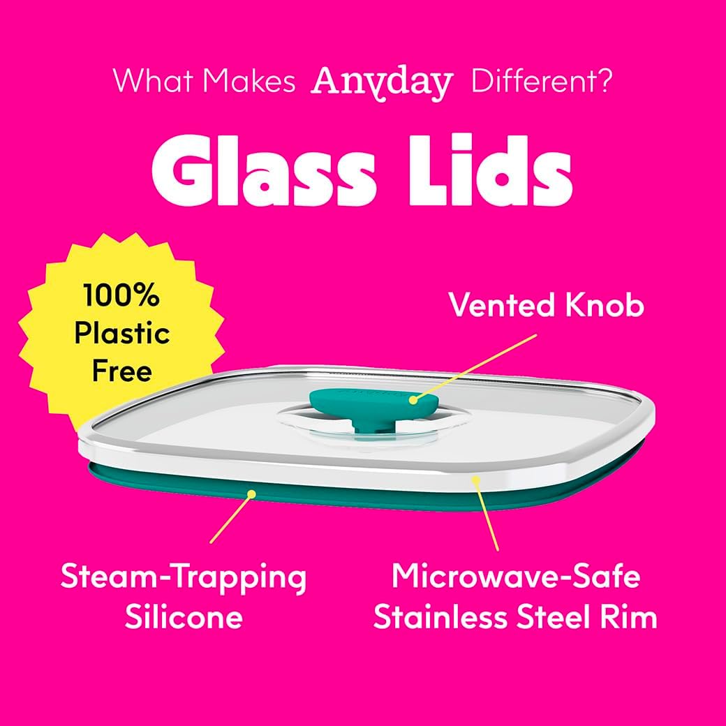 Anyday 10-Cup Square Glass Food Storage with Glass Lid | Plastic-Free Meal Prep & Microwave Cookware | Stackable Airtight Storage Container with Vented Lid for Microwave-Safe Reheating