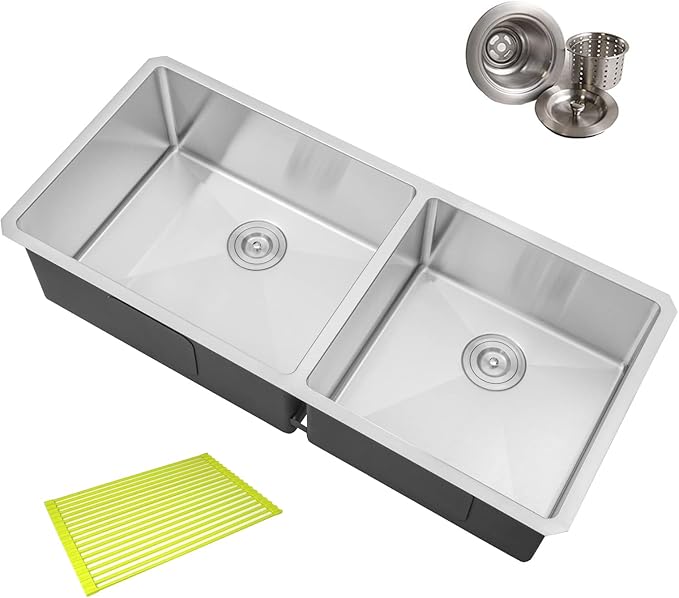 42 in. x 19 in. x 10 in. 16-Gauge Stainless Steel Undermount 60/40 Offset Double Bowl Kitchen Sink with Silicon Dishrack and Strainer