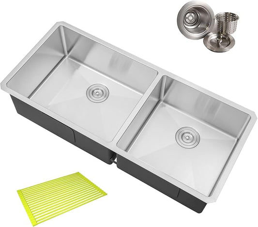 42 in. x 19 in. x 10 in. 16-Gauge Stainless Steel Undermount 60/40 Offset Double Bowl Kitchen Sink with Silicon Dishrack and Strainer