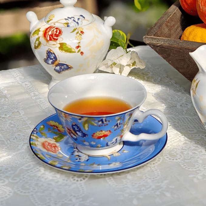Aynsley Cottage Garden Windsor Fine Bone China English Tea Cup and Saucer Set, 7.4 oz(Blue)