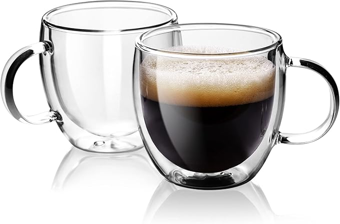 Double Wall Glass Espresso Cups 5oz/150ml, A set of 2, Thermo Insulated Borosilicate Glass Cups with Handle