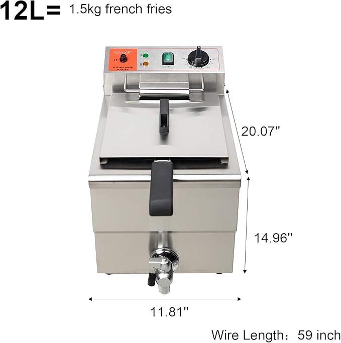 Valgus 1750W Stainless Steel Electric Deep Fryer 12L Large Capacity Countertop Kitchen Frying Machine with Basket & Lid, Drain System