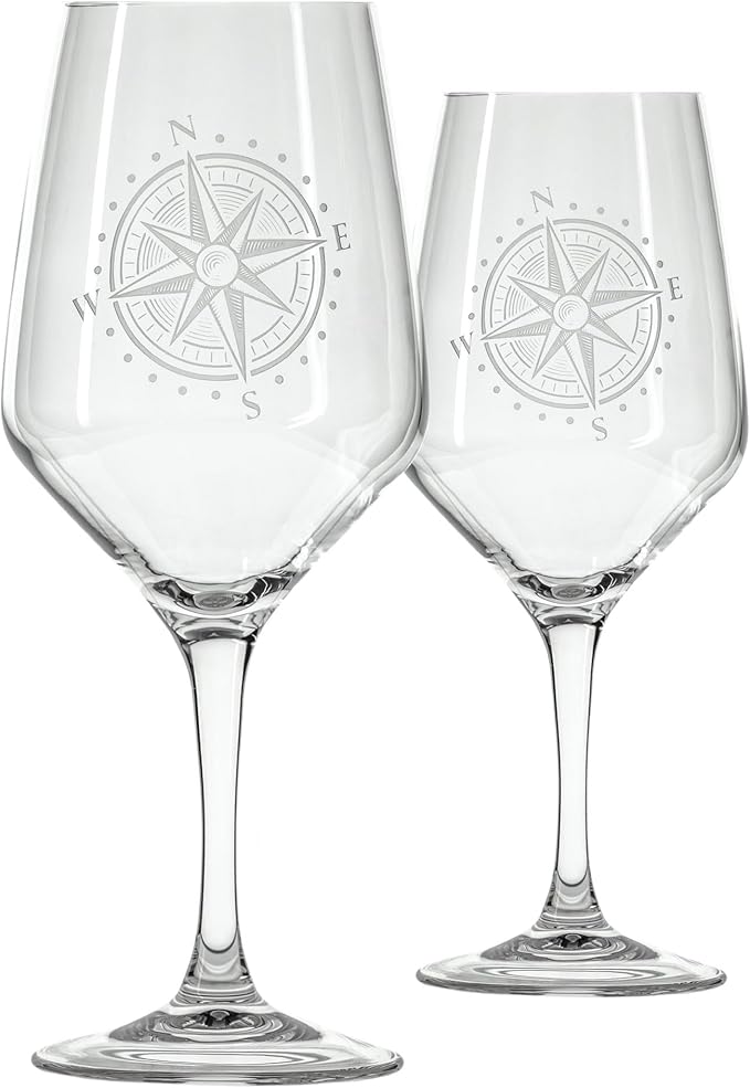Rolf Glass Compass Star All Purpose Wine Glass | 19.5oz Stemmed Wine Glass | Lead-Free Crystal Glassware | Nautical-Themed with Intricate Compass Star Design | Set of 2