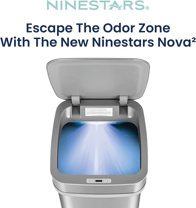 NINESTARS 13 Gallon Odor Neutralizing Smart Trash Can, UV + Ozone Dual Purification, Odor Control Motion Sensor Garbage Bin, Universal Power Adapter, ONT-50-82SL Stainless Steel, Silver, Nova Series