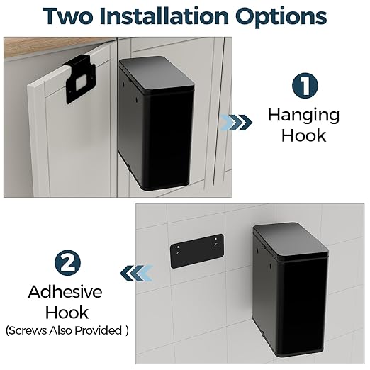 Stainless Steel Hanging Trash Can with Lid and Inner Bucket, 2 Gallon Kitchen Compost Bin for Counter Top, Under Sink or Wall Mount, Small Garbage Can for Cupboard/Bathroom/Bedroom/RV, Black