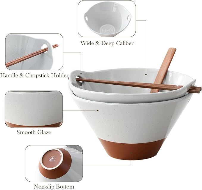 MALACASA 42 oz Ceramic Ramen Bowl Set with Wooden Spoon & Chopsticks, Japanese Style Soup Bowls for Ramen, Pho, Noodles – Set of 2, Microwave & Dishwasher Safe, Series TARA (Gray and Khaki)